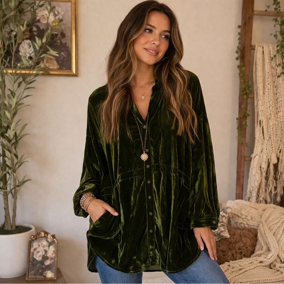 NATURAL LIFE Tops - NATURAL LIFE Deep Olive Velvet Button-Down Tunic